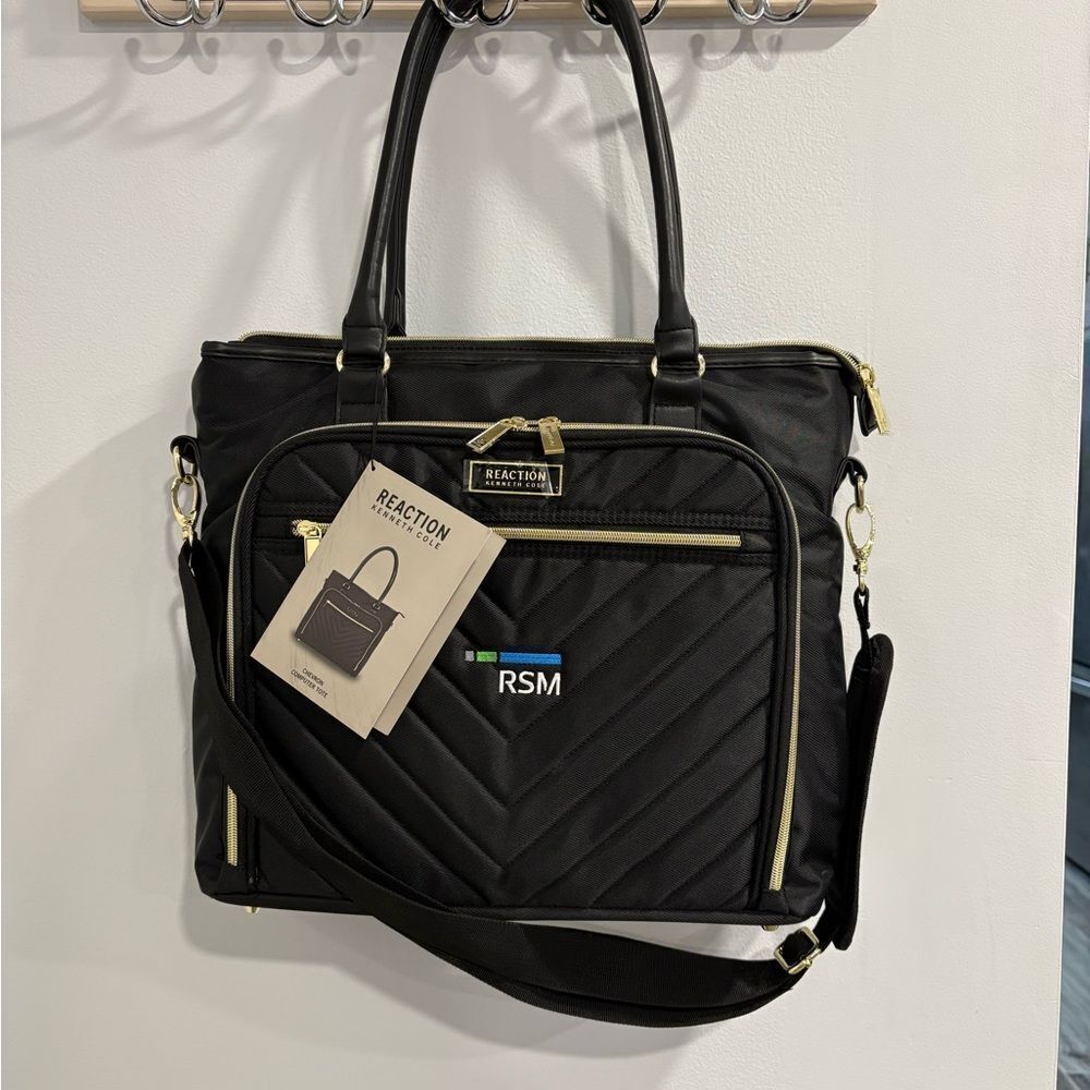 Kenneth Cole Black Quilted Computer Tote with Gold Zippers RSM Is Logo on Bag!